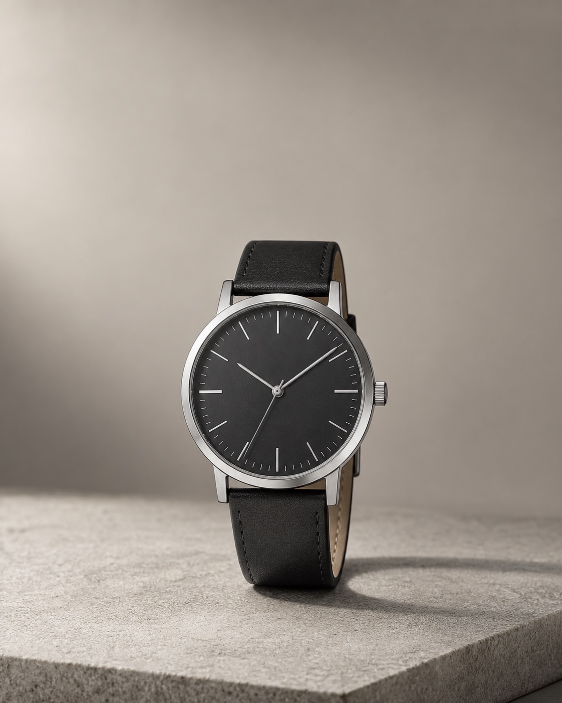 Generated minimalist watch advertising result from an AI product-ad prompts case study