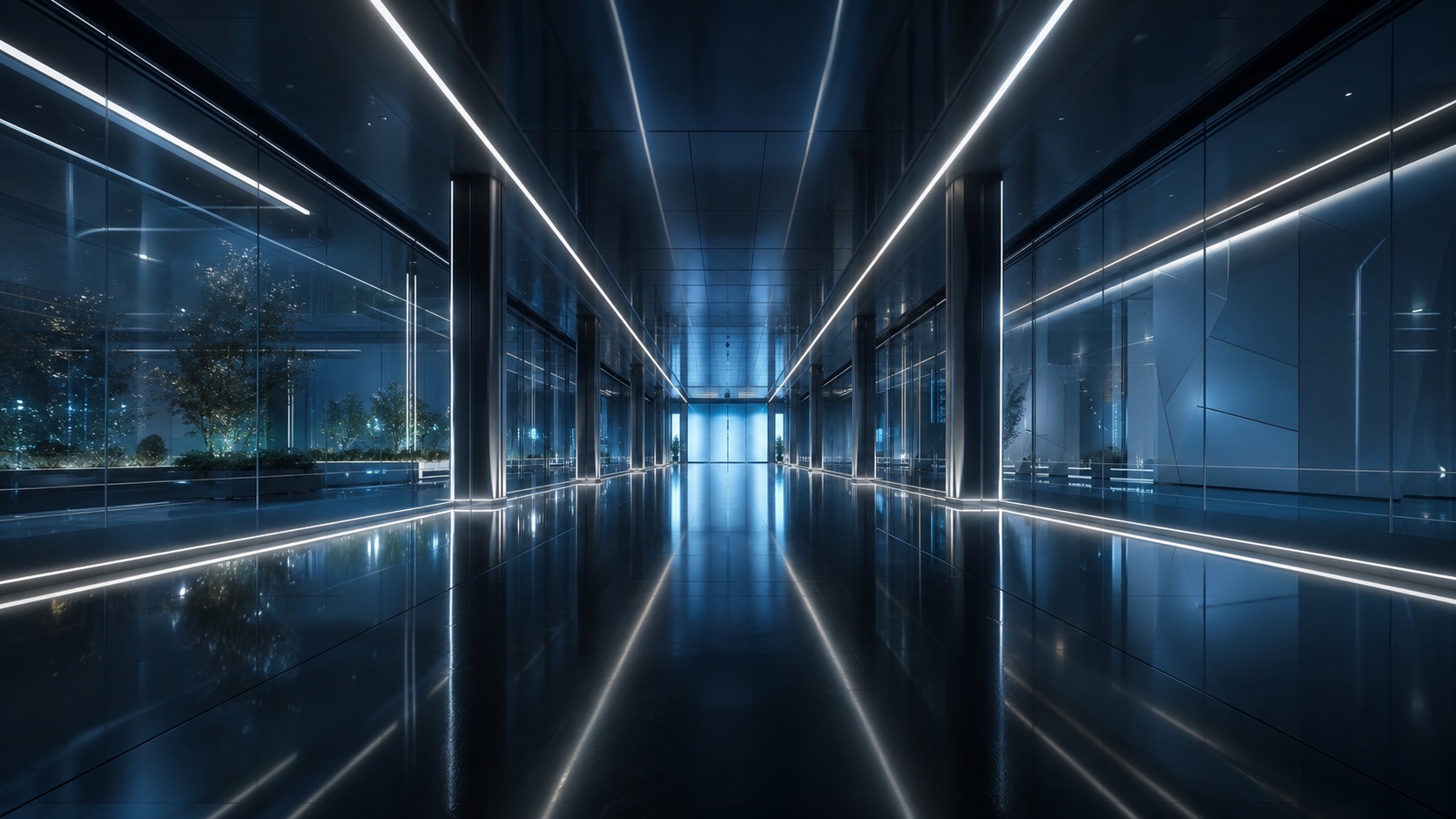 Generated futuristic glass corridor keyframe for a Seedance 2 generator prompt case study