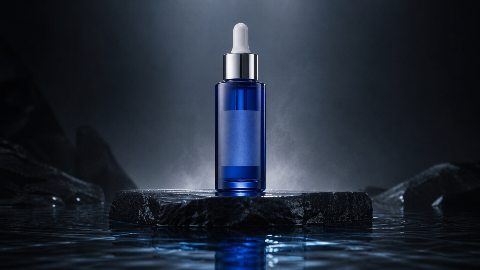 Generated cobalt serum bottle reference used for a Veo prompt generator workflow